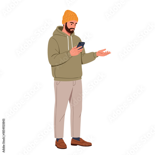 Contemporary bearded man engages with a smartphone, gesturing as if questioning or explaining a digital concept, highlighting modern communication scenarios