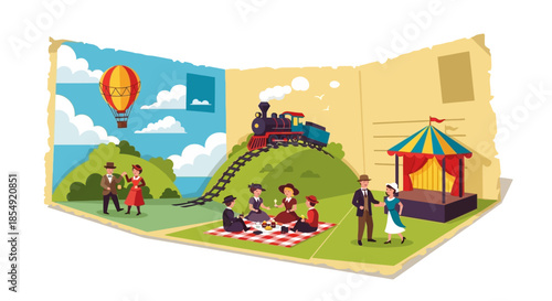 Pop-up book scene with picnic, train, hot air balloon, and stage.