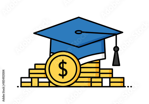 Financial investment in education, a graduation cap on stacked dollar coins, symbolizing college costs and future academic success