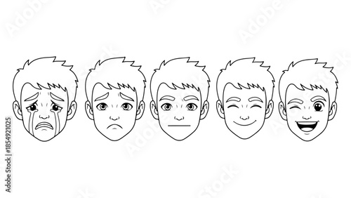 A comprehensive concept showing a range of human facial expressions from deep sadness to pure joy, illustrating diverse emotions in simple line art