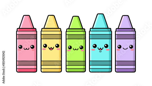 Adorable Set of Five Colorful Cartoon Crayons with Happy Faces, Perfect for Children's Art Projects and Creative Learning Fun