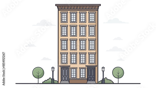 Classic three-story residential building with black doors and windows