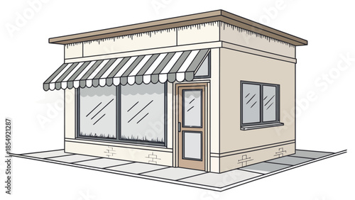 Charming small business storefront with striped awning and glass windows