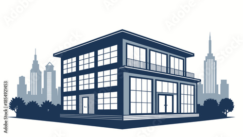 Modern office building in city downtown area with skyscrapers