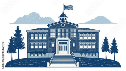 Classic American school building with flag and pine trees