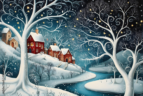 Enchanted Winter Village Under a Starry Night. Beautiful painting illustration