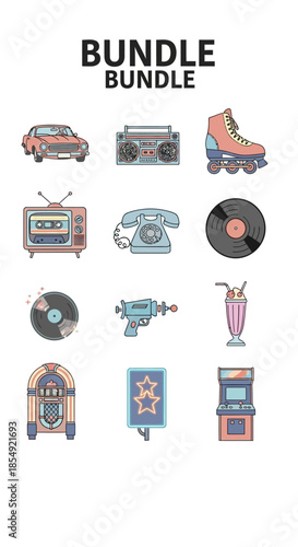 Retro Nostalgia Bundle - Vintage Car, Boombox, Roller Skate, TV, Phone, Vinyl, Ray Gun.