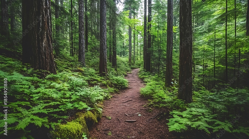 Fototapeta premium Winding dirt hiking trail meandering through a dense, verdant, Pacific northwest rainforest ecosystem filled with towering evergreen trees and lush undergrowth