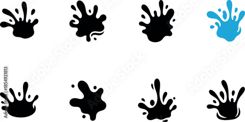Collection of black ink splash icons and blue water drop splatters set on white background for creative design projects.
