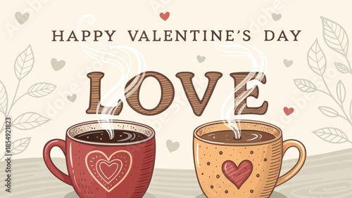 Happy Valentine's Day with steaming coffee cups and heart design