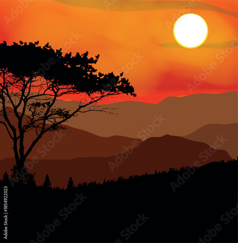 African sunset silhouette with acacia tree and mountains