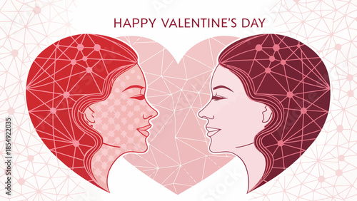 Valentine's Day graphic with two women's faces in heart shapes