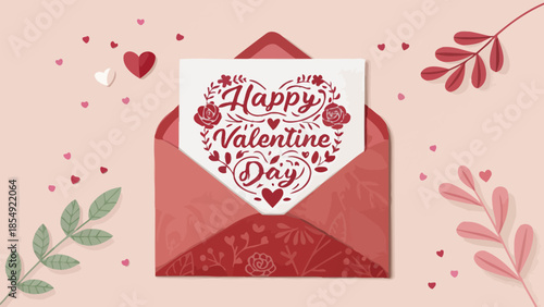 Happy Valentine's Day card in red envelope with hearts and flowers