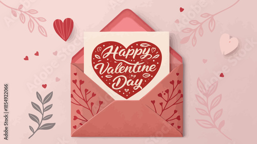 Valentine's Day card in a pink envelope with heart design