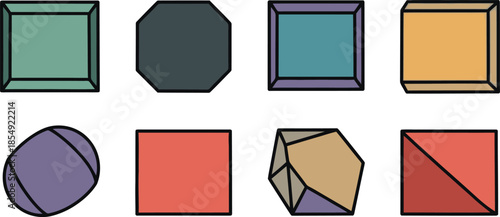 Set of colorful vector gems and geometric stone shapes with various cuts and facets isolated on white background.