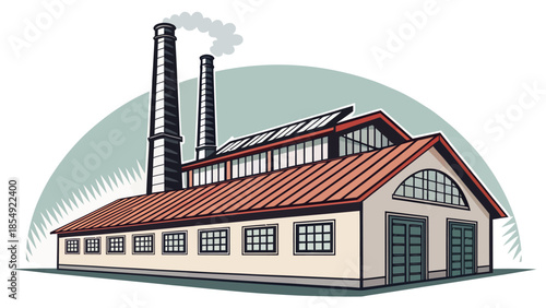 Industrial factory building with smokestacks and solar panels
