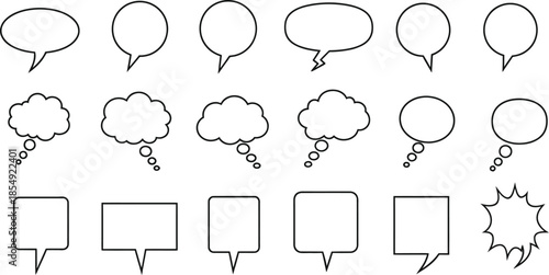 Diverse Collection of Empty Outline Speech and Thought Bubbles for Communication Graphics and Digital Interface Design Elements