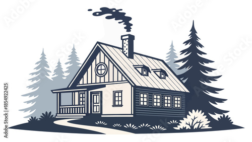 Cozy cabin in the woods with smoke rising from chimney