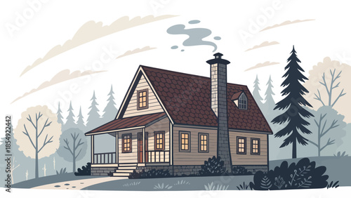 Cozy house in the woods with smoking chimney and warm lighting