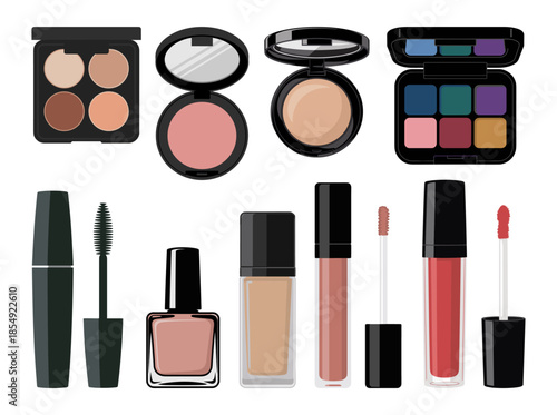 Flat vector illustration of decorative cosmetics set with eyeshadow palettes lipstick lip gloss mascara foundation and blush isolated on transparent background.