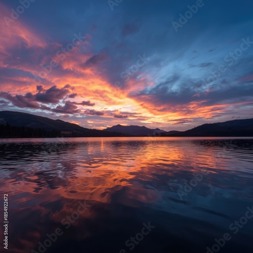 Sunset over calm lake