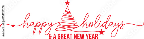 Red handwritten 'Happy Holidays & A Great New Year' design with a continuous line Christmas tree and decorative stars, ideal for festive seasonal greetings