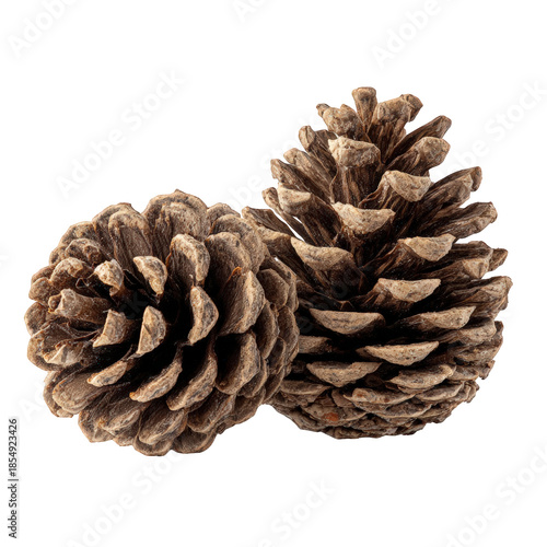 Two brown pine cones isolated on transparent background, natural objects, forest elements, botanical details, ecological components