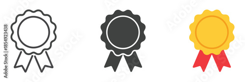 Medal icon set with approved and certified badges, line, glyph and flat styles for quality assurance, check mark, and number one award vector.