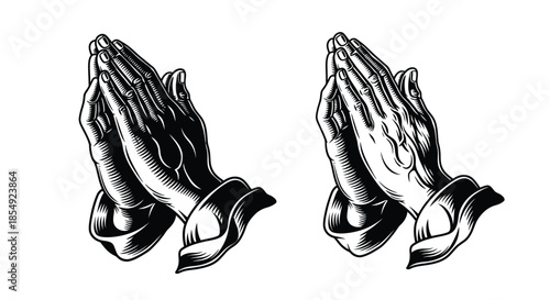 Vintage illustration of two pairs of praying hands in black and white