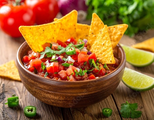 Vibrant salsa in a wooden bowl surrounded by tortilla chips, jalapenos, tomatoes, onion and lime, on rustic wood
