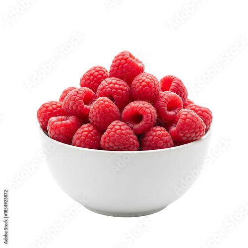 A white bowl filled with fresh raspberries on transparent background