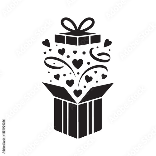 an open gift box overflowing with hearts and celebratory swirls a striking black and white silhouette
