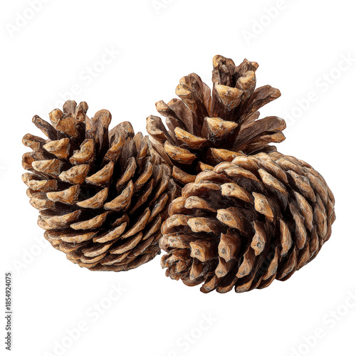 Three brown pine cones isolated on transparent background, natural objects for decoration and crafts, seasonal elements for design