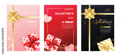 3d Valentine’s Day Gift Box Posters in A4 scale. Pink, Red and Black Gold Set