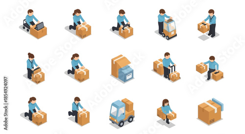 Isometric illustration of people involved in delivery and logistics operations