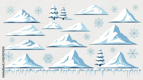 Snowy mountain peaks with pine trees and snowflakes on a gray background with icicles