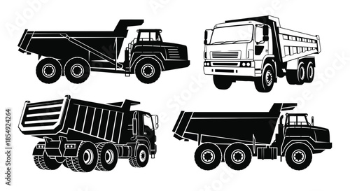Illustrations of heavy duty dump trucks in various perspectives and styles