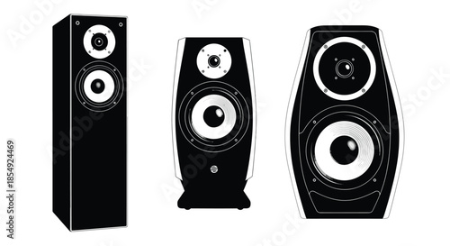 Black and white illustration of three modern tower and bookshelf speakers