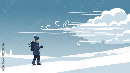Man in winter clothes walking on snowy hill with clouds and wind in background