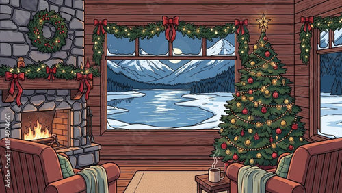 Cozy winter cabin interior with christmas tree, fireplace, and snowy mountain view through large window, holiday decorations and warm lighting