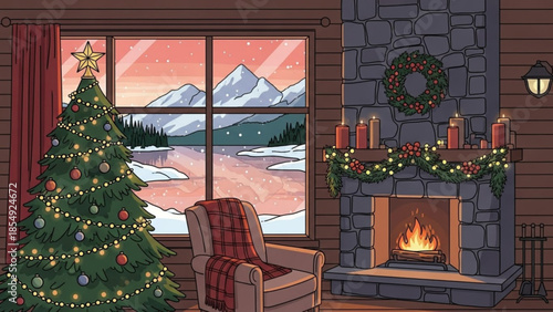 Cozy cabin interior with christmas tree, lit fireplace, and snowy mountain view through window at sunset, warmly decorated for holiday season with plaid chair