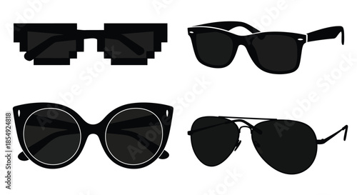 Four pairs of stylish sunglasses in a black and white graphic illustration