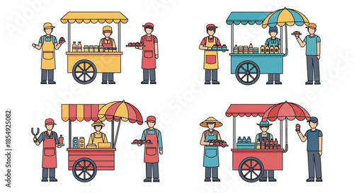Colorful cartoon illustration of various food vendors and their carts
