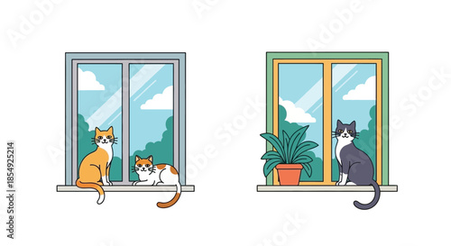 Two cats curiously gaze outside from different windows with plants
