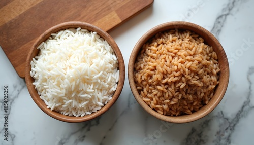 Two wooden bowls hold different uncooked rice types. One bowl has white basmati rice, the other brown medium grain. Food ingredients prepared for cooking. © miss irine