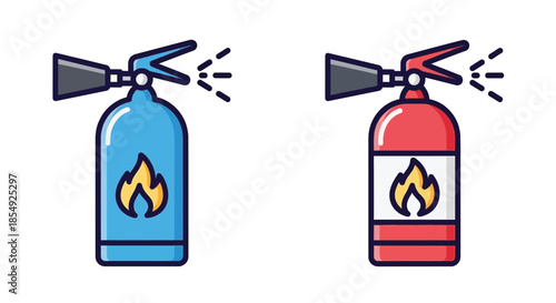 Two fire extinguishers one blue and one red shown in a simple cartoon style