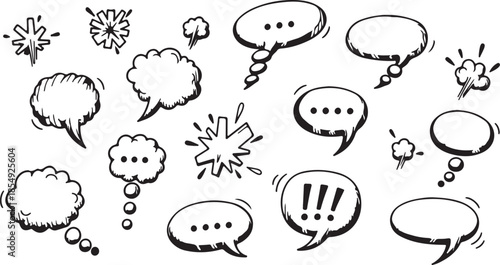 Hand Drawn Comic Speech Bubbles Set Isolated on White Background