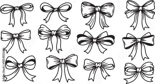 Black and White Bow Illustrations Set on White Background