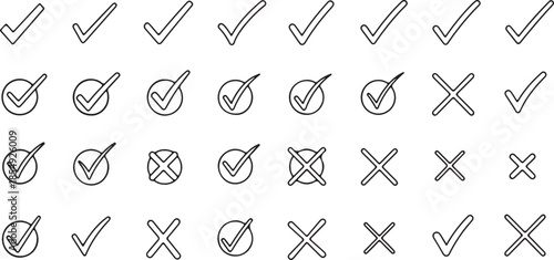 Checkmarks and Crosses Icons Set Isolated on White Background