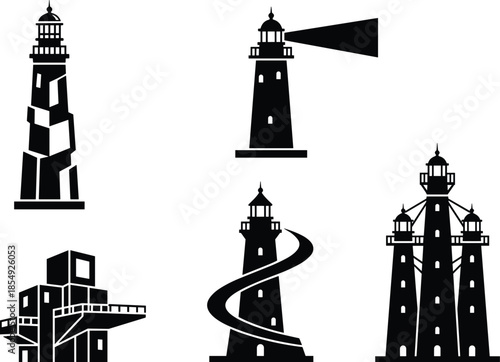 Marine lighthouse tower architecture set including beacon lights for coastal safety and navigation